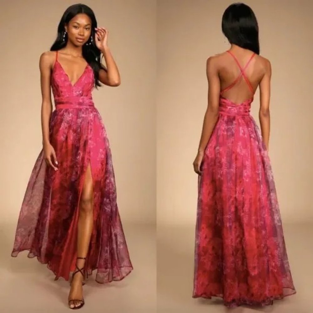 NWT Lulus Romance That Wows Magenta Floral Print Organza Maxi Dress Size XL